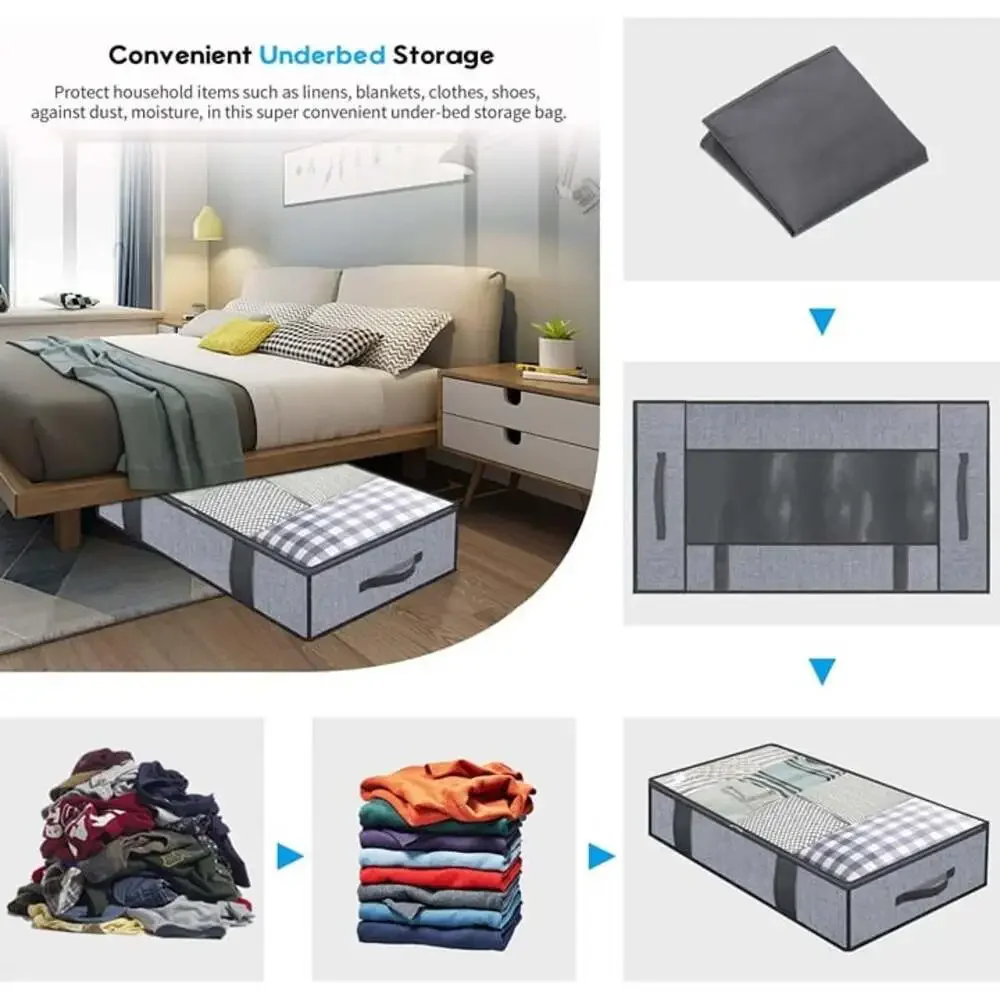 New 2 Pack Foldable Underbed Storage Bags, Zippered Clothes Organizer - Grey